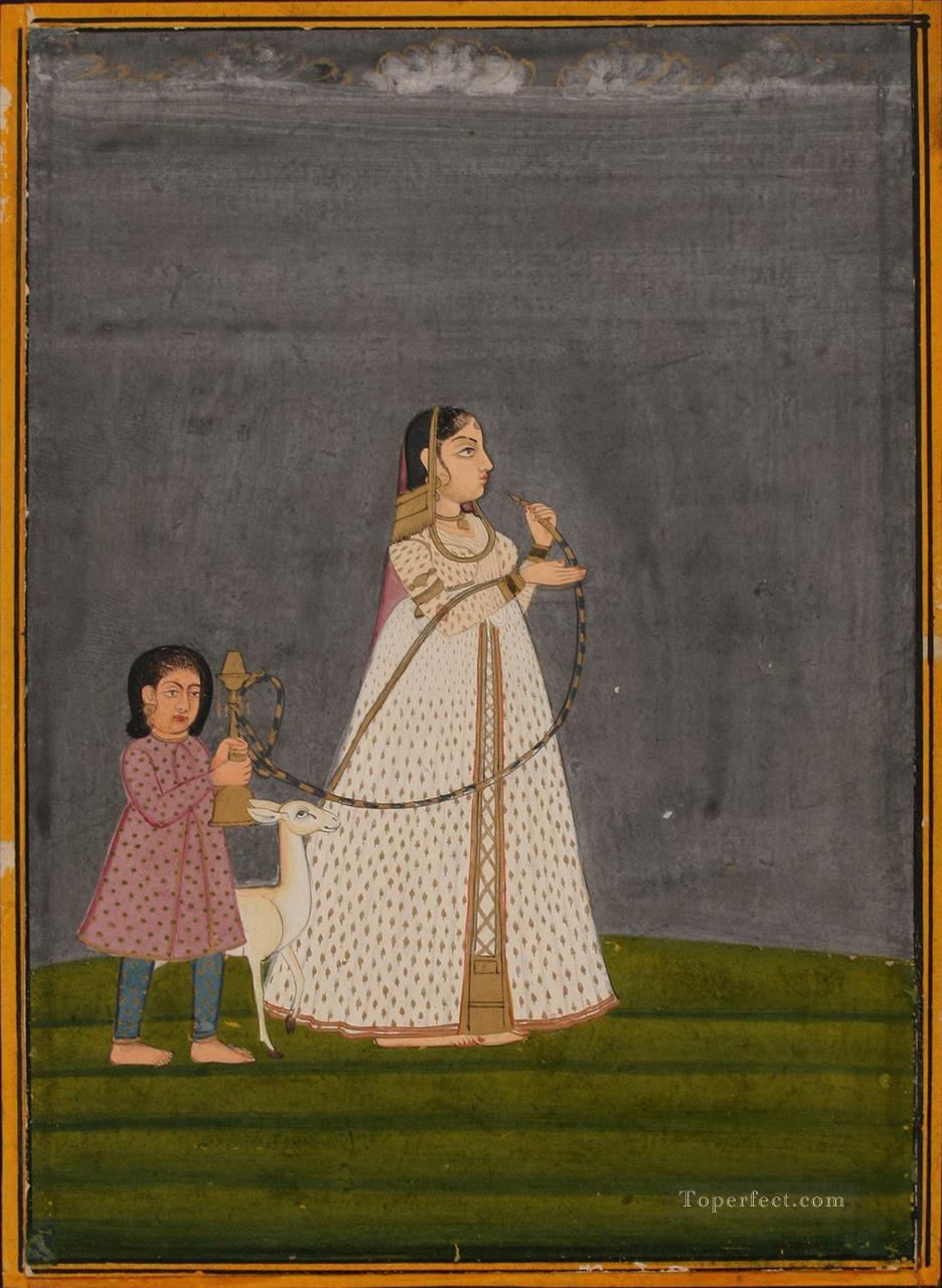 Lady with huqqa held by child 1800 India Oil Paintings